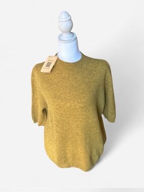 NWT Aliselect 100% Merino Wool Short Sleeve Sweater Chartreuse Mustard XL Knit